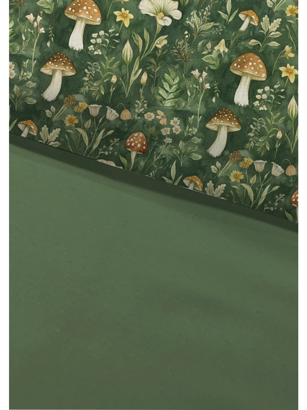 Yeşil Çift Kişilik Pamuklu Nevresim Takımı - Orman ve Mantar Desenli (Çarşafsız)-3