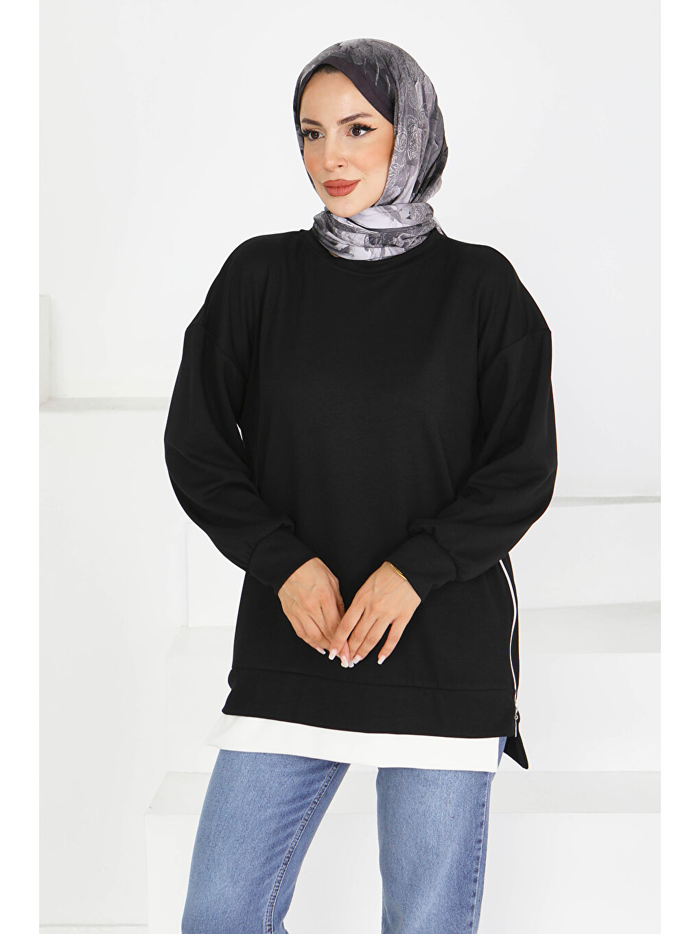 Garnili Fermuarlı İki İplik sweatshirt Siyah - 27610-2