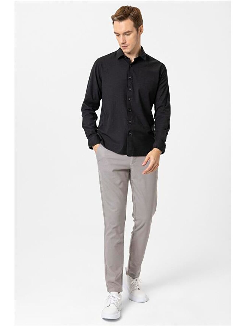 Siyah Slim Düz Klasik Yaka Gömlek-4