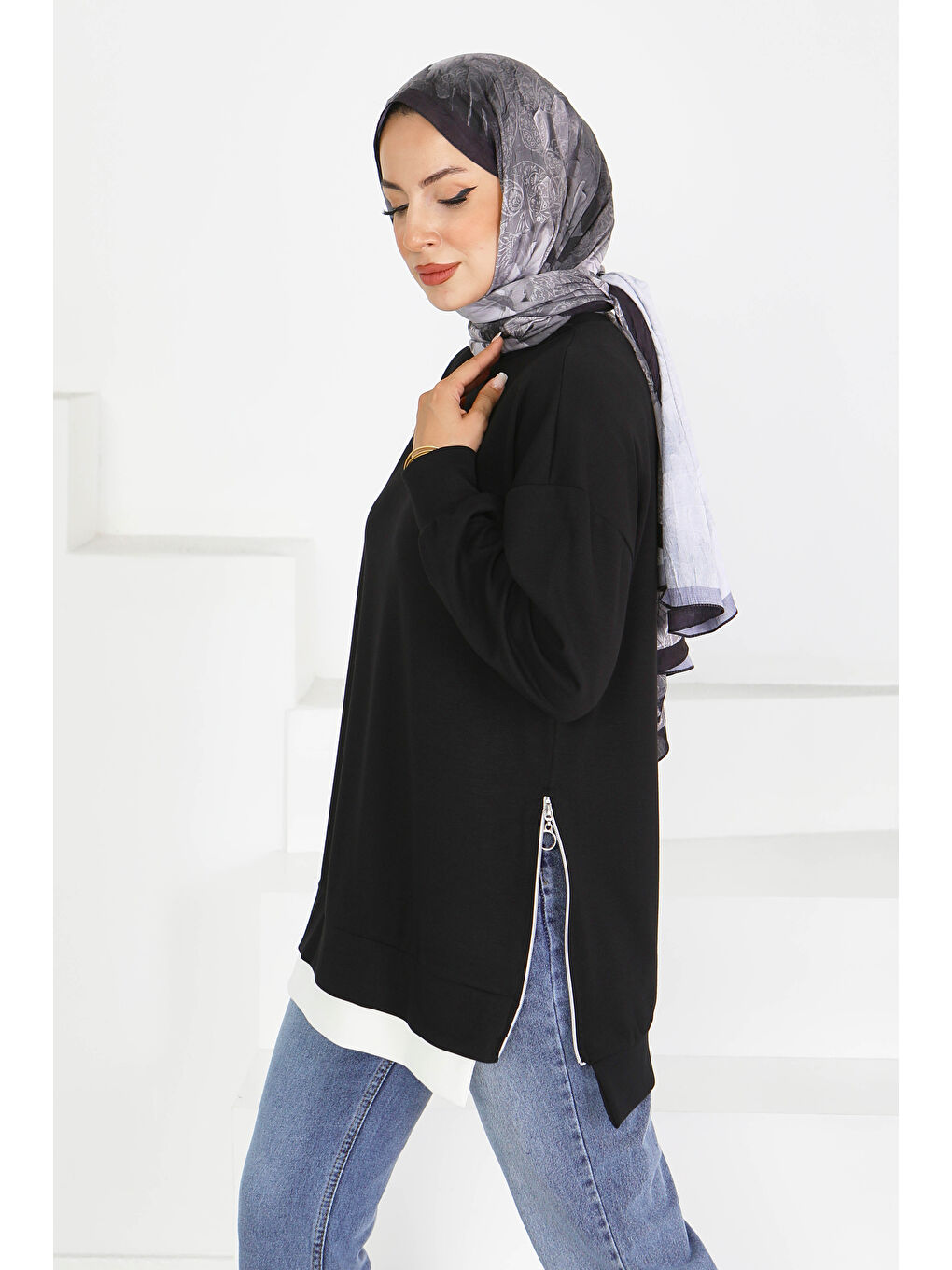 Garnili Fermuarlı İki İplik sweatshirt Siyah - 27610-3