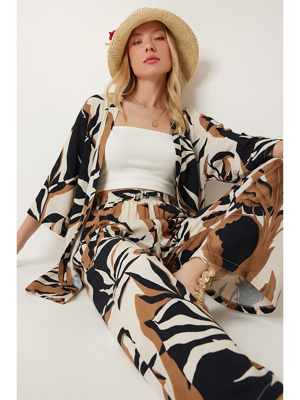 Ekru Desenli Yazlık Viskon Kimono Pantolon Takım KREM LACİVERT LRN0013