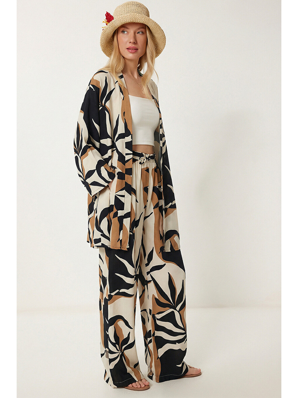 Ekru Desenli Yazlık Viskon Kimono Pantolon Takım KREM LACİVERT LRN0013-1