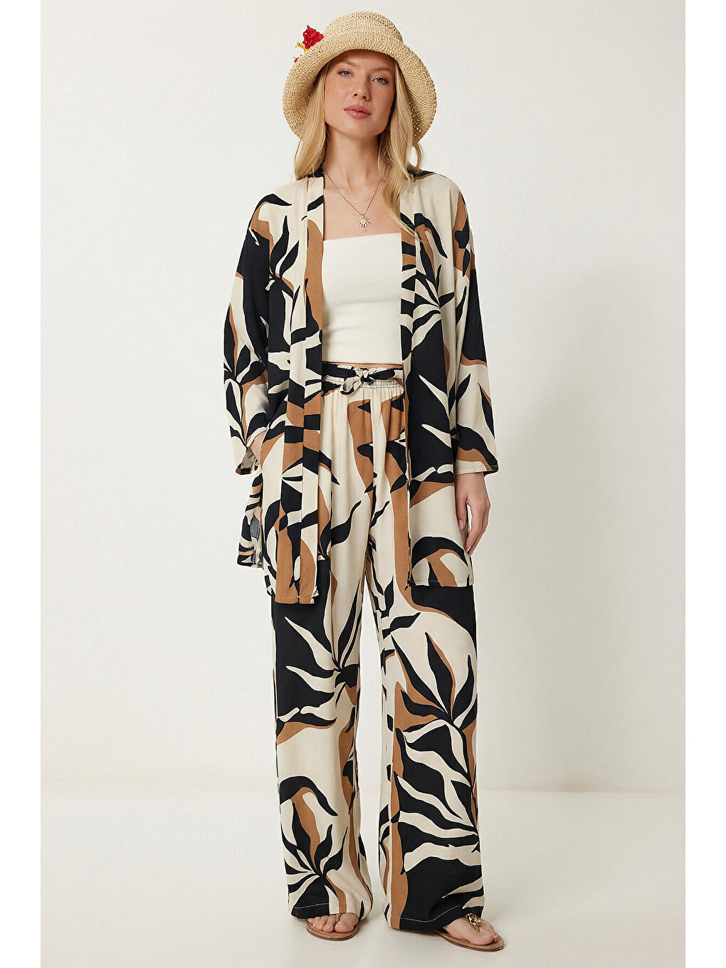 Ekru Desenli Yazlık Viskon Kimono Pantolon Takım KREM LACİVERT LRN0013-2
