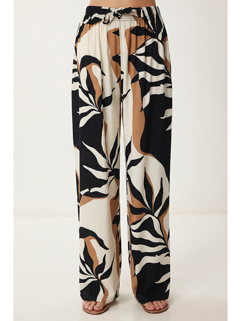 Ekru Desenli Yazlık Viskon Kimono Pantolon Takım KREM LACİVERT LRN0013-3