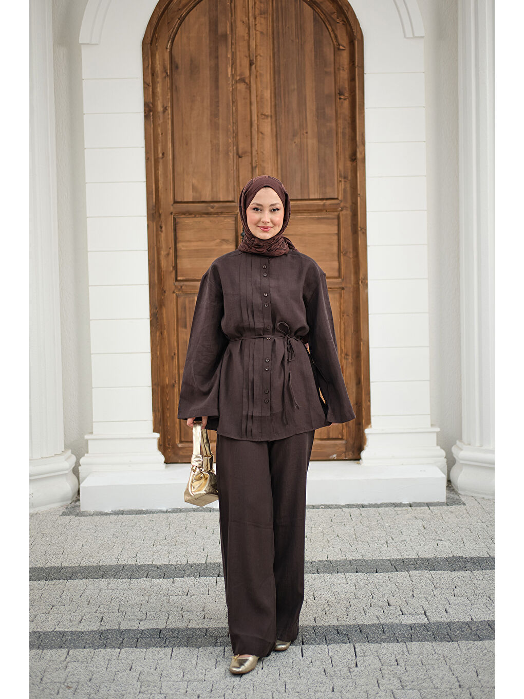 Kadın Büzgü Detay Bel Bağlamalı Takım Kahverengi