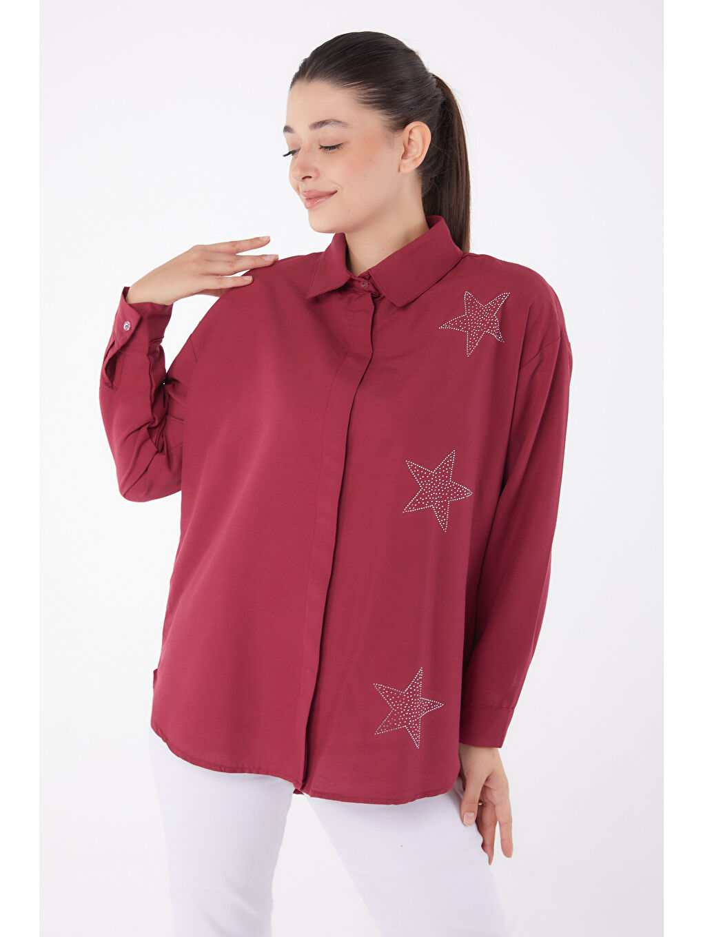 Yıldız Taşlı Gömlek Bordo - 13255