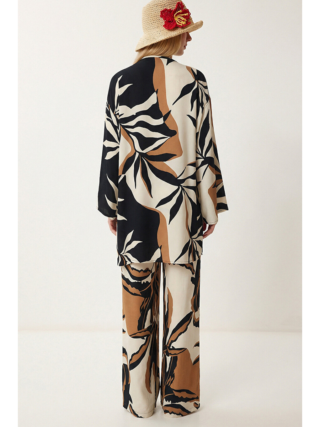 Ekru Desenli Yazlık Viskon Kimono Pantolon Takım KREM LACİVERT LRN0013-4
