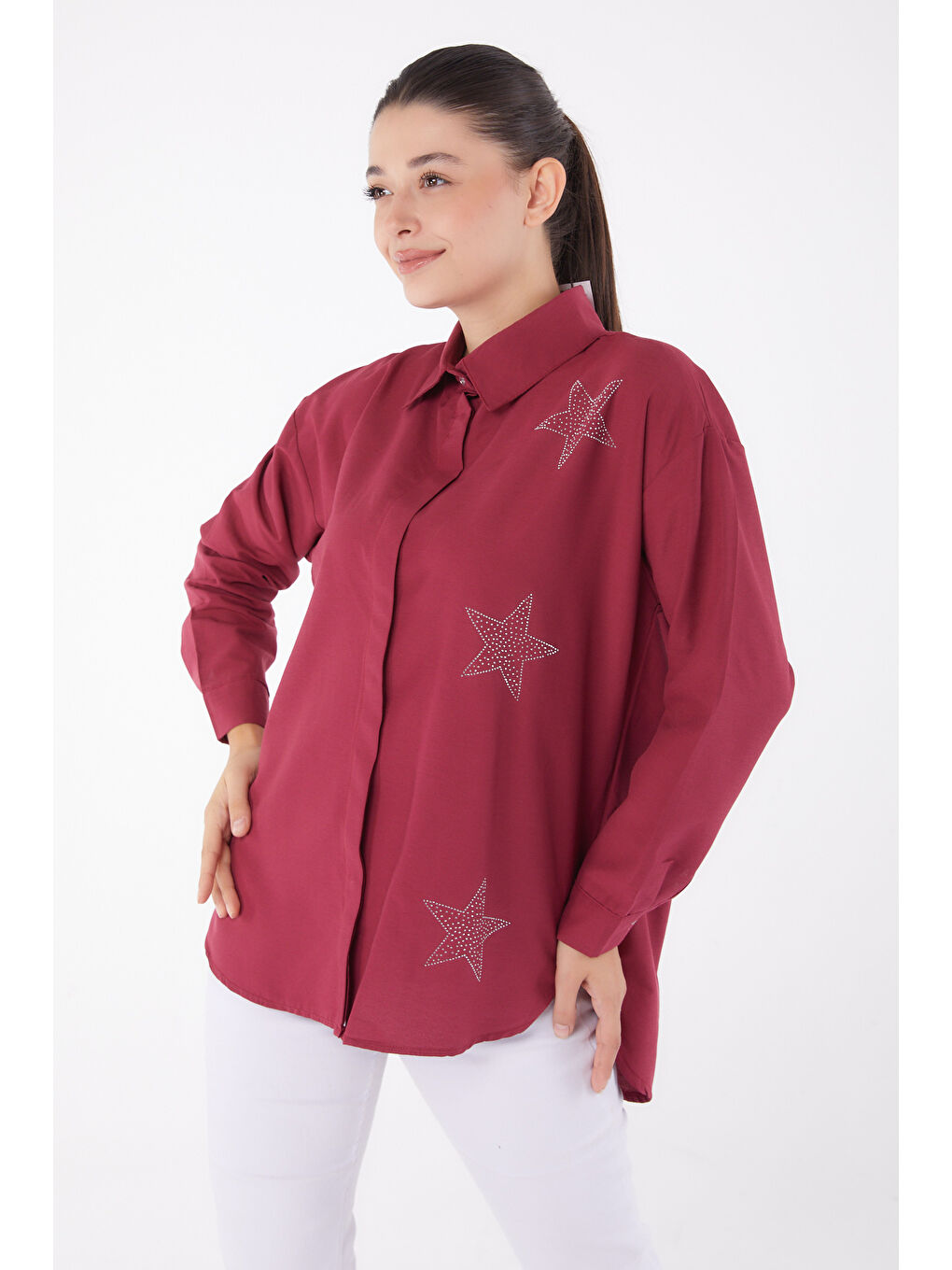 Yıldız Taşlı Gömlek Bordo - 13255-1