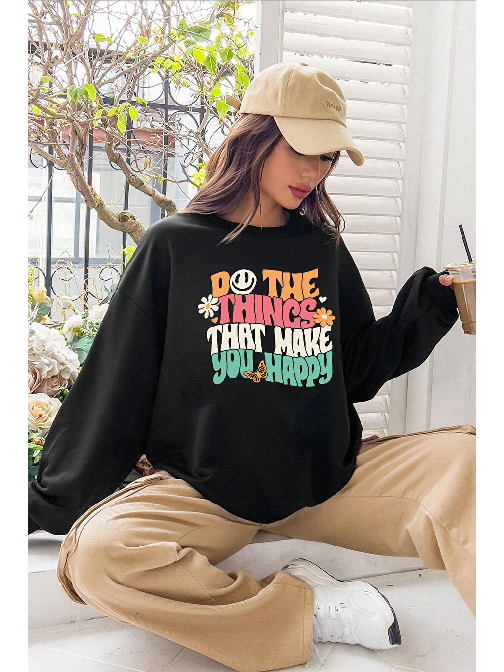 uyguntarz Siyah Unisex Happy Baskılı Bisiklet Yaka Sweatshirt