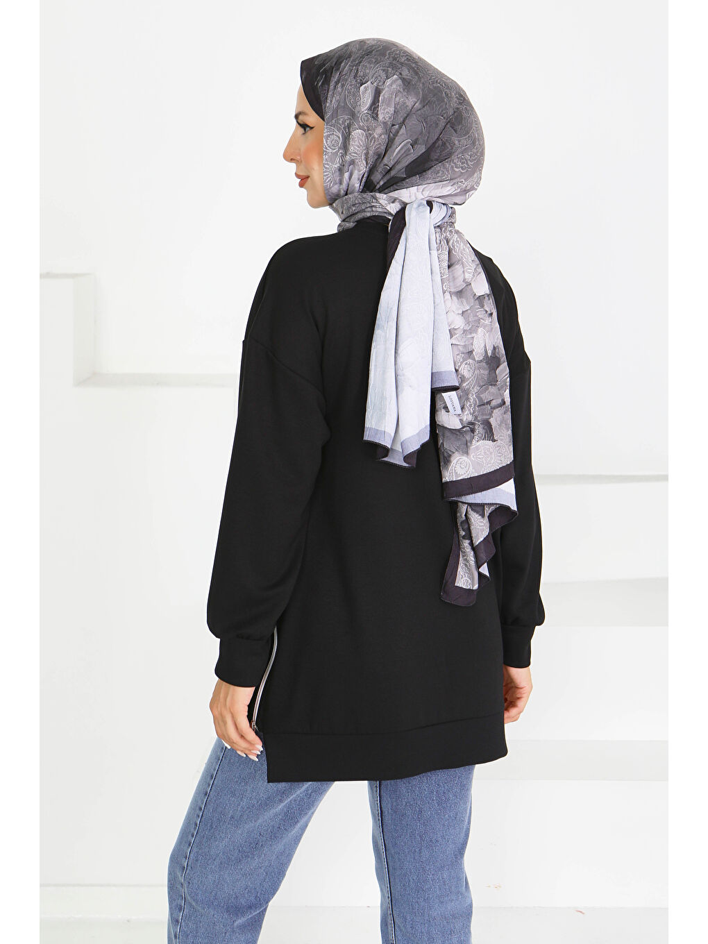 Garnili Fermuarlı İki İplik sweatshirt Siyah - 27610-4