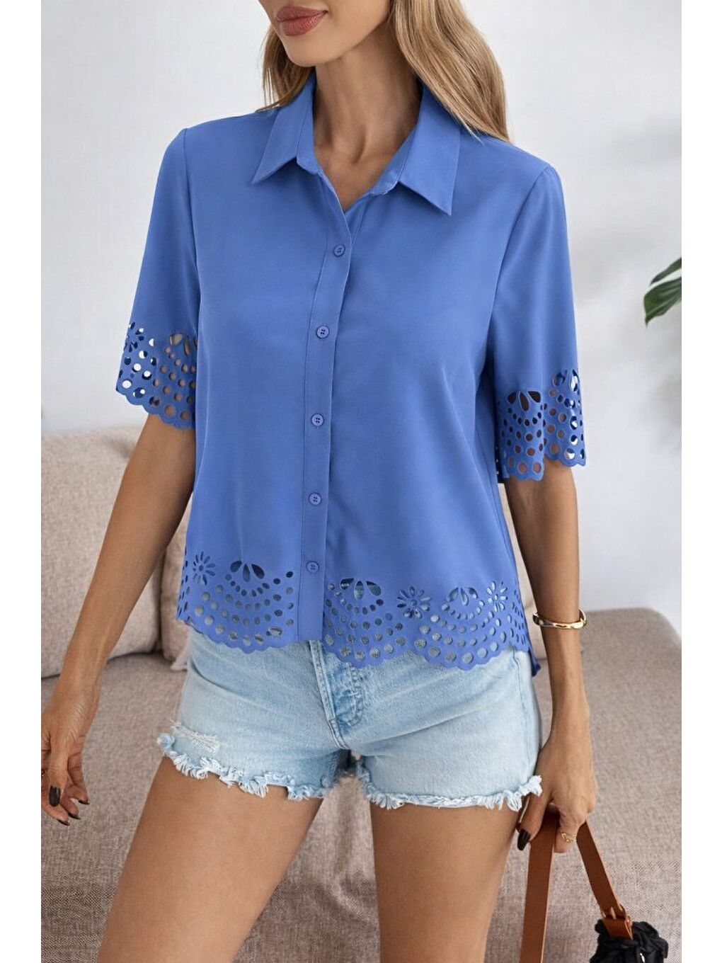 Mavi Kadın Kısa Kollu Yakalı önden Düğmeli Dubai Gömlek Bluz