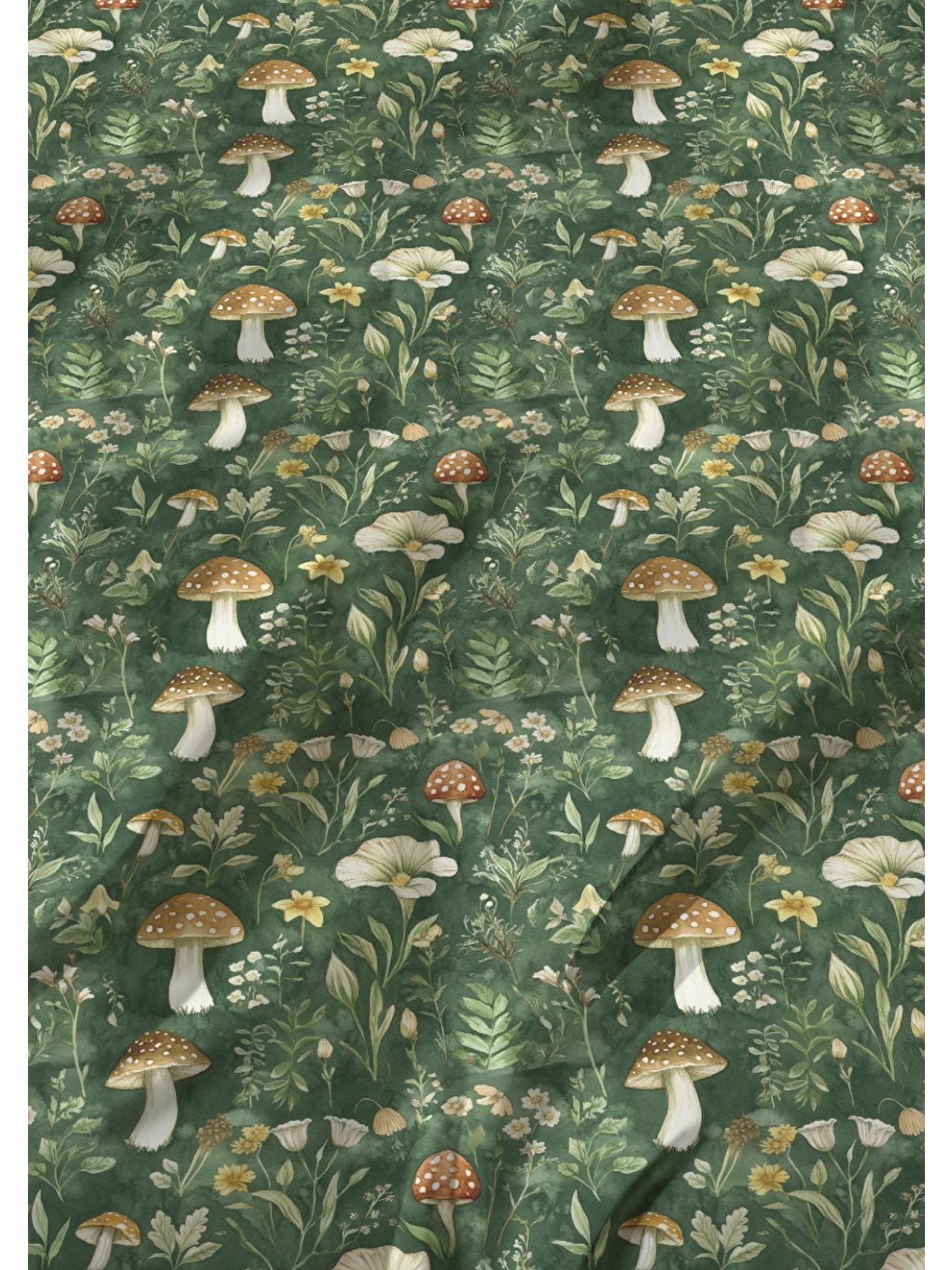 Yeşil Çift Kişilik Pamuklu Nevresim Takımı - Orman ve Mantar Desenli (Çarşafsız)-4