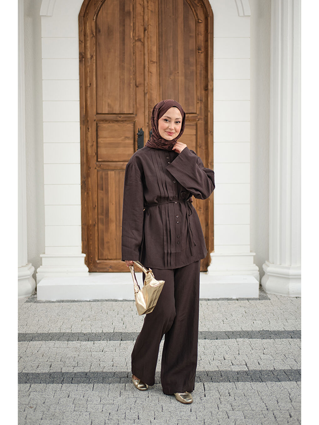 Kadın Büzgü Detay Bel Bağlamalı Takım Kahverengi-1