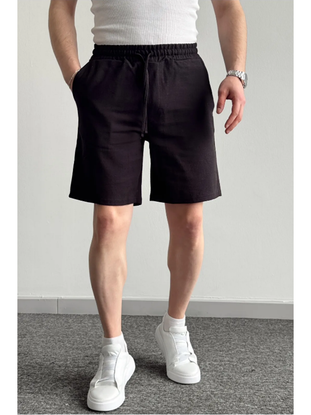 Erkek Siyah Musli Lastikli Bağcıklı Regular Şort
