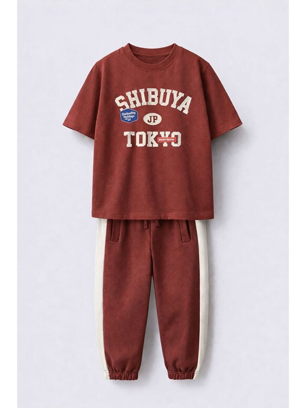 Karışık Erkek Çocuk Pamuklu Kiremit Tokyo Baskılı T-Shirt Ve Eşofman Takım