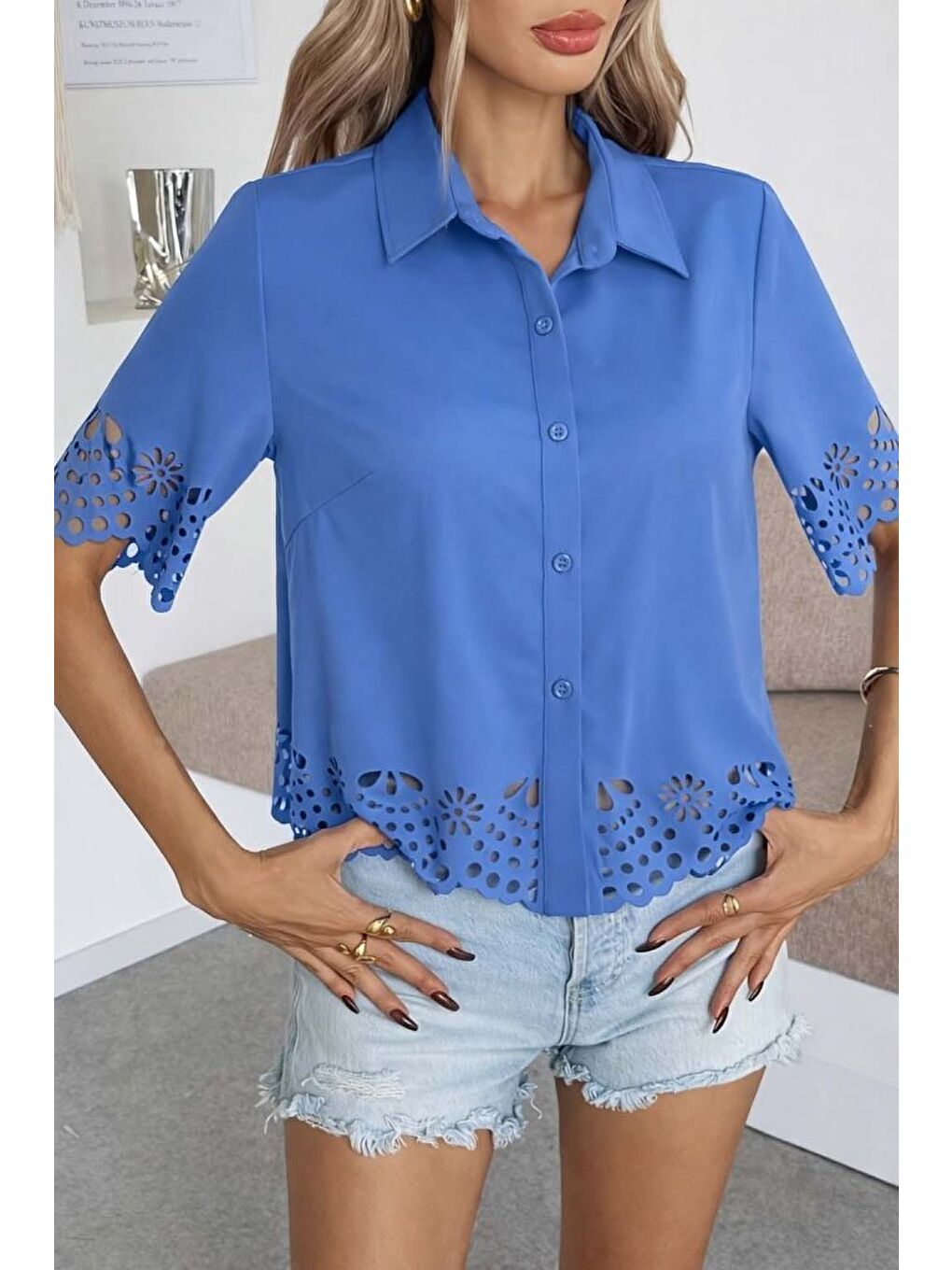 Mavi Kadın Kısa Kollu Yakalı önden Düğmeli Dubai Gömlek Bluz-2