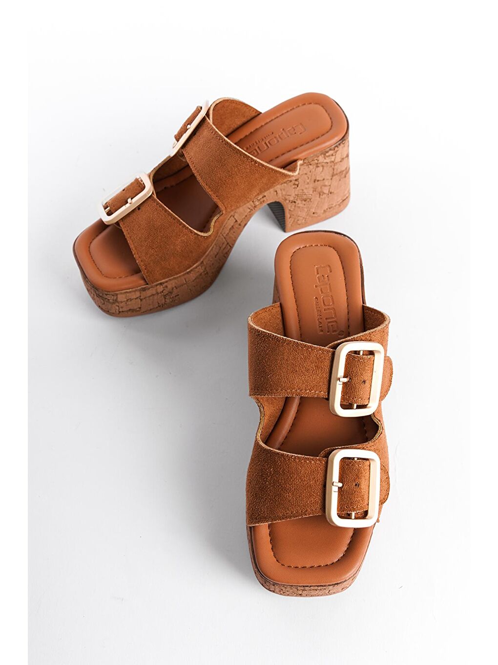 Kahverengi Mantar Platform Tabanlı Çift  Bantlı Tokalı Kadın Terlik-3