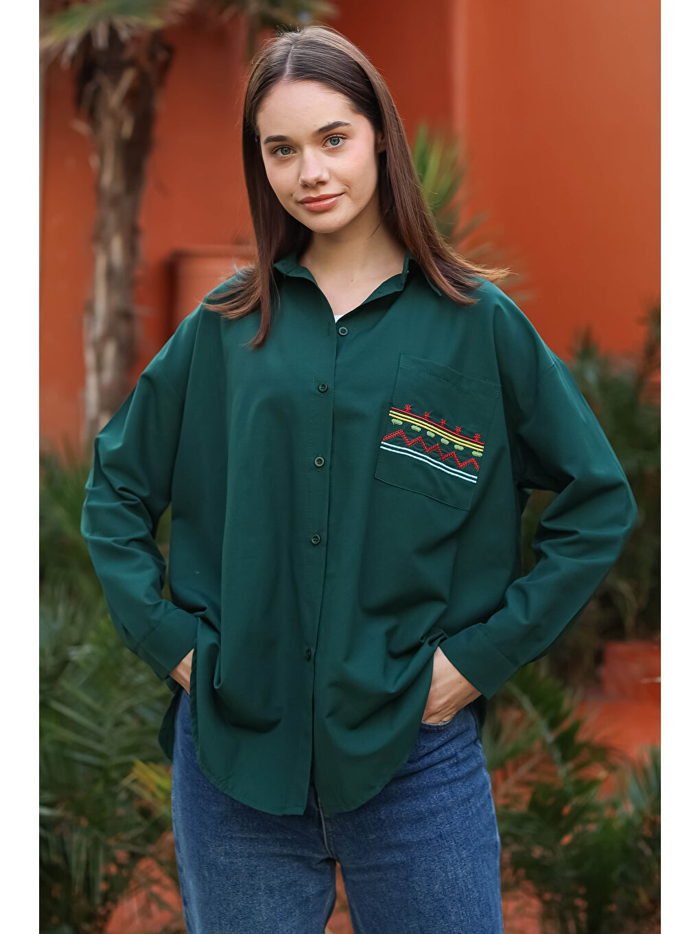 Yeşil Cep Nakışlı Gömlek Zümrüt - 13248-2