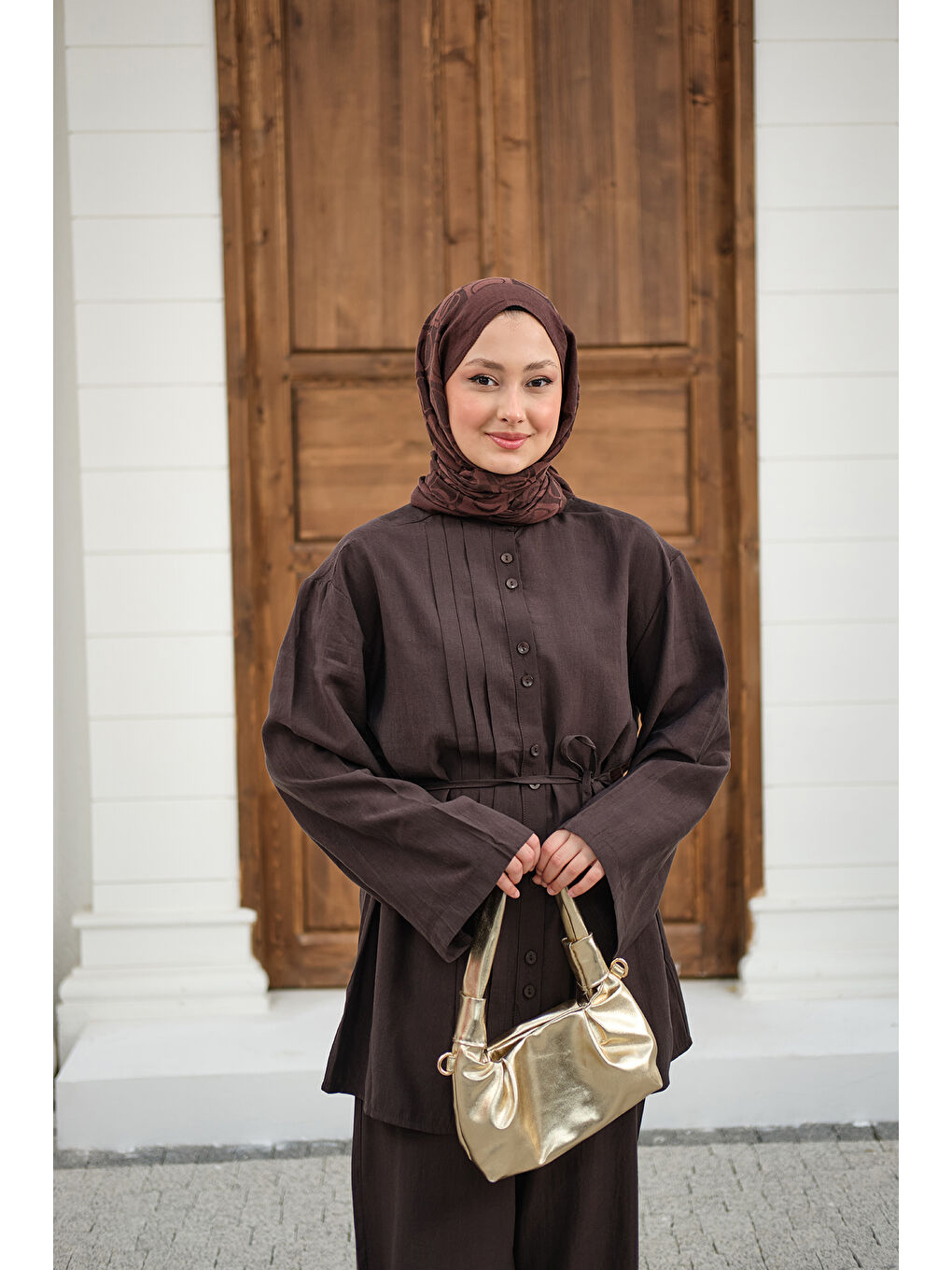 Kadın Büzgü Detay Bel Bağlamalı Takım Kahverengi-2