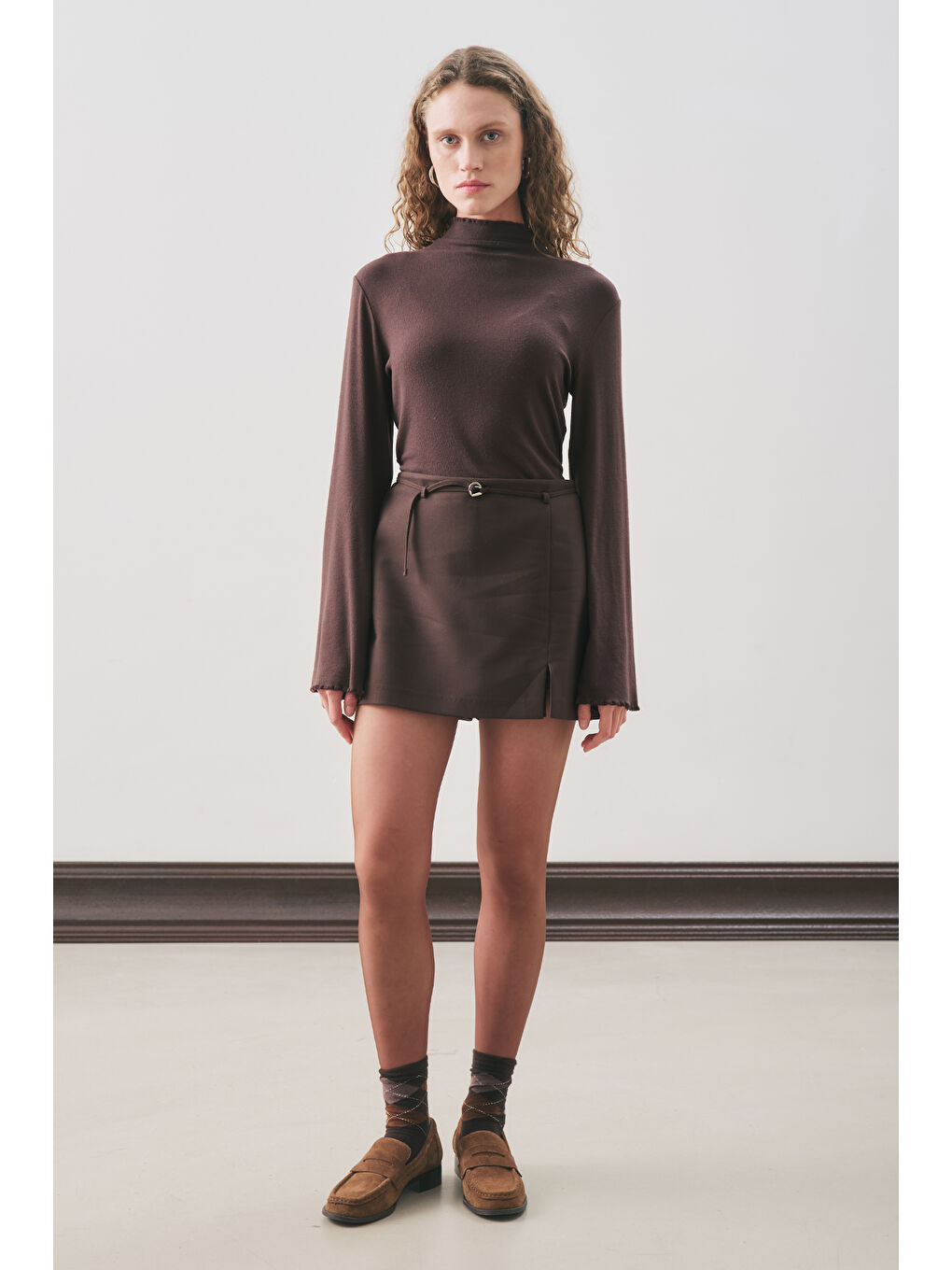 Kahverengi Kemer Detaylı Mini Etek Acı Kahve-2