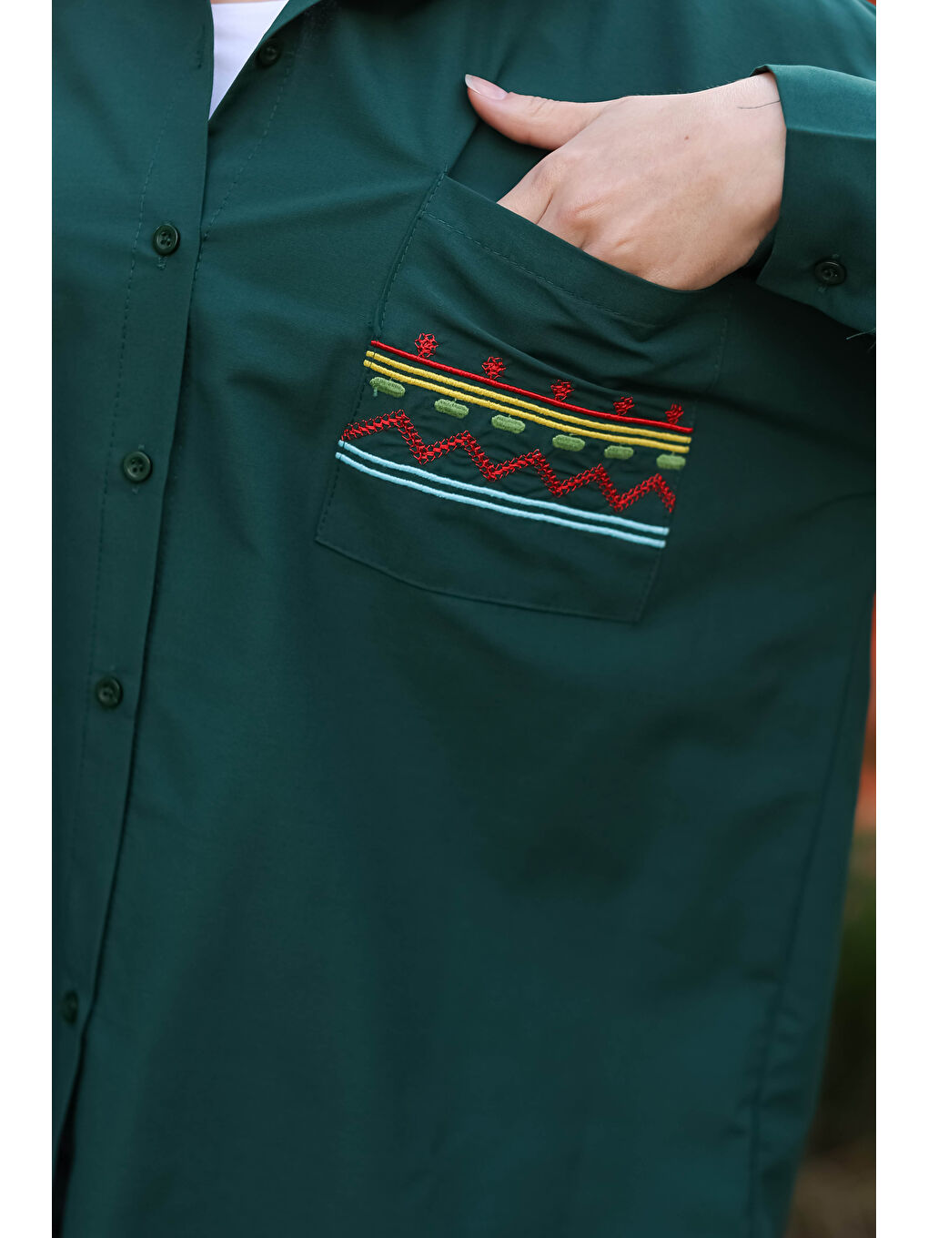 Yeşil Cep Nakışlı Gömlek Zümrüt - 13248-3