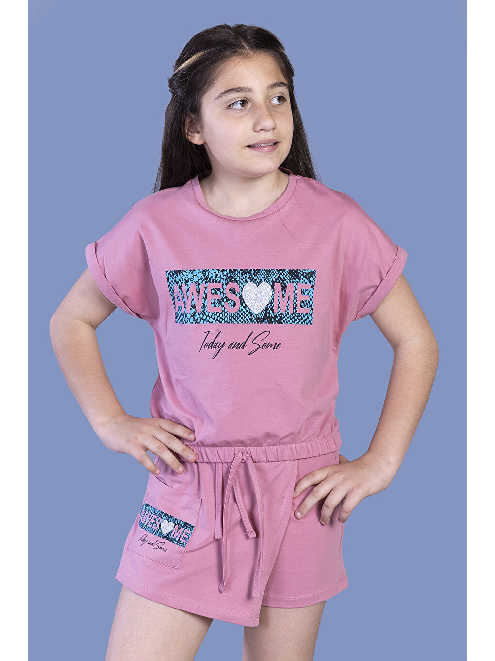 Pembe Kız Çocuk Baskılı Şortlu Takım