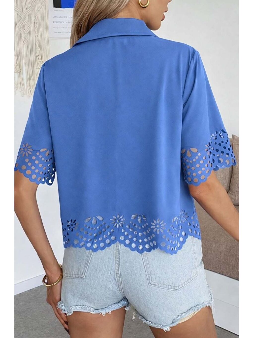 Mavi Kadın Kısa Kollu Yakalı önden Düğmeli Dubai Gömlek Bluz-3