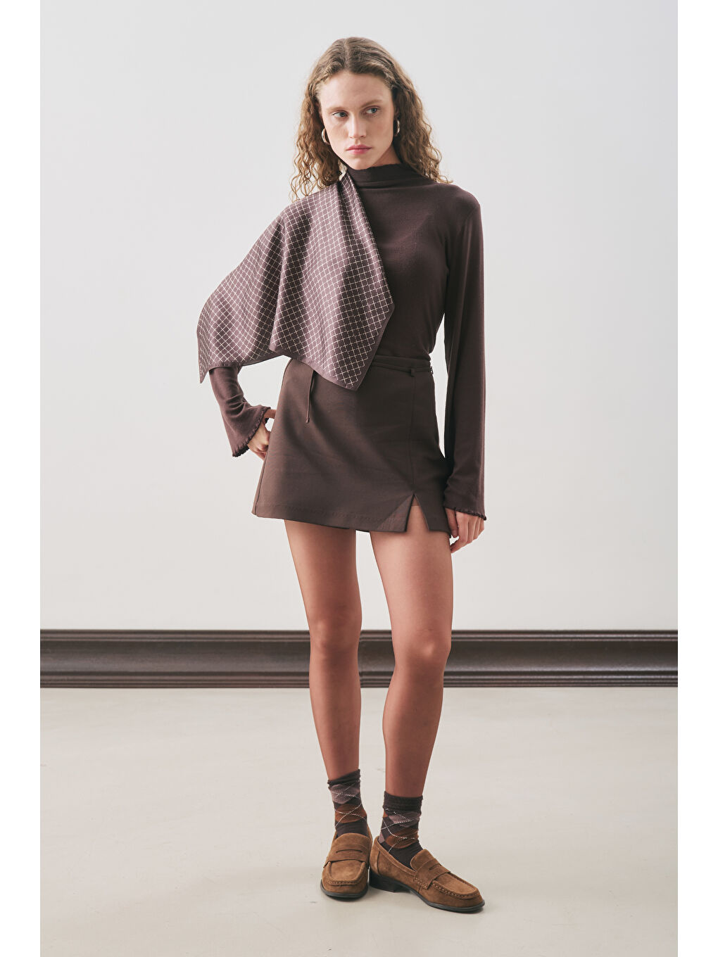 Kahverengi Kemer Detaylı Mini Etek Acı Kahve-5