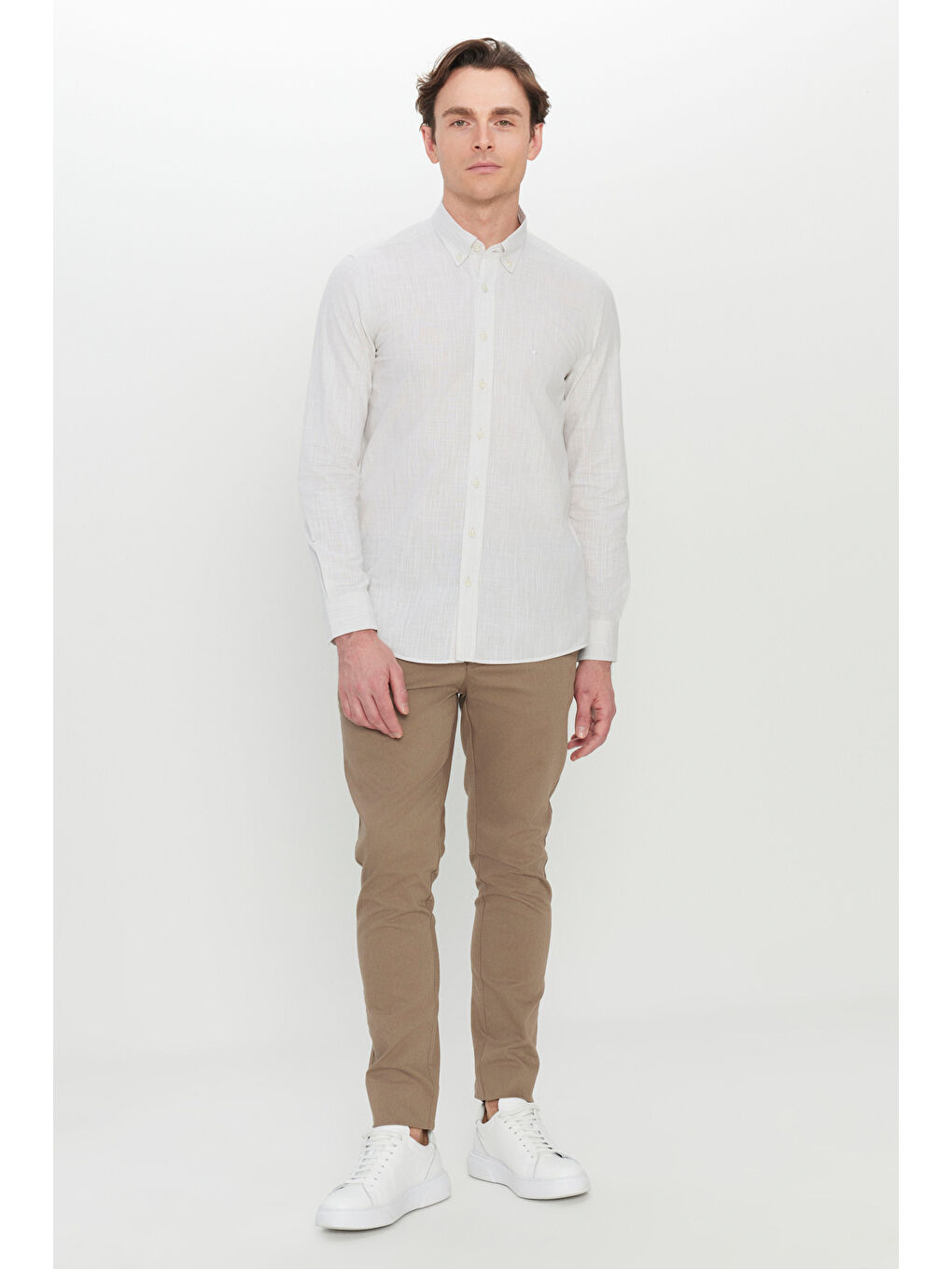 Erkek Bej %100 Pamuk Flamlı Slim Fit Dar Kesim Armürlü Düğmeli Yaka Gömlek-1