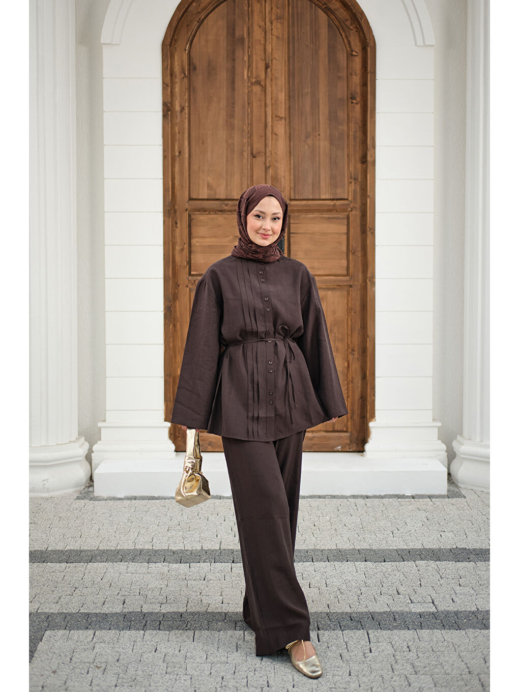 Kadın Büzgü Detay Bel Bağlamalı Takım Kahverengi-3