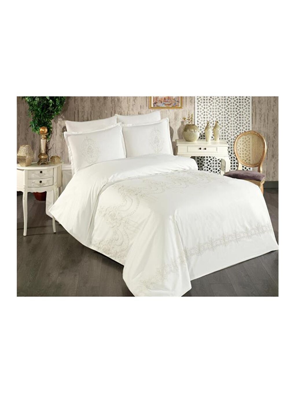 Sarı Calina Nakışlı %100 Pamuk Çift Kişilik Nevresim Takımı Altın-1