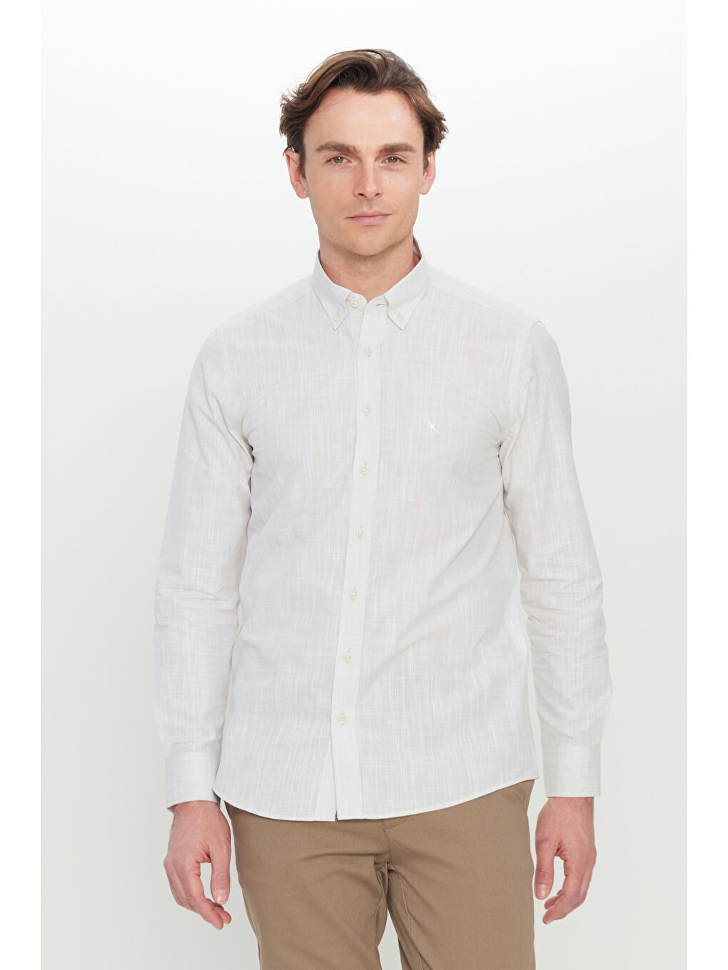 Erkek Bej %100 Pamuk Flamlı Slim Fit Dar Kesim Armürlü Düğmeli Yaka Gömlek-2