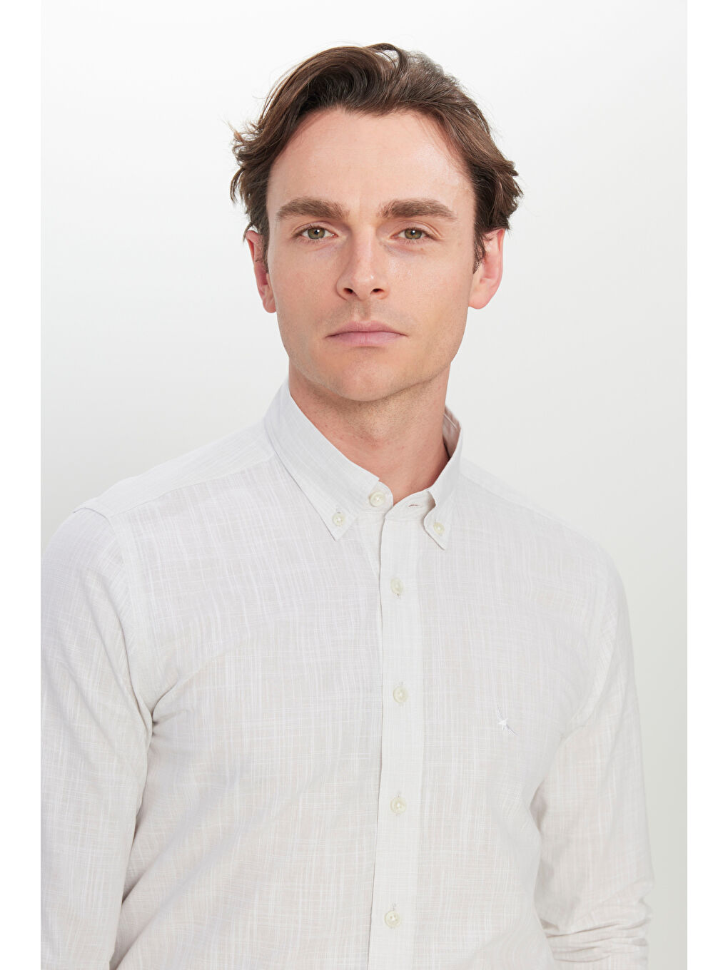 Erkek Bej %100 Pamuk Flamlı Slim Fit Dar Kesim Armürlü Düğmeli Yaka Gömlek-3