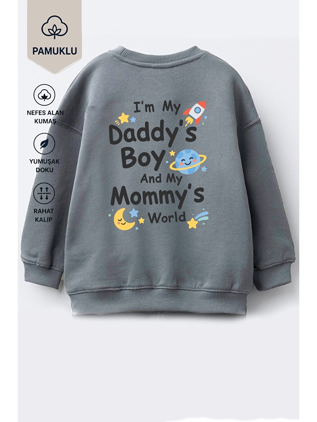 Antrasit Erkek Çocuk Pamuklu Bisiklet Yaka Babasının Oğlu Baskılı Sweatshirt-2