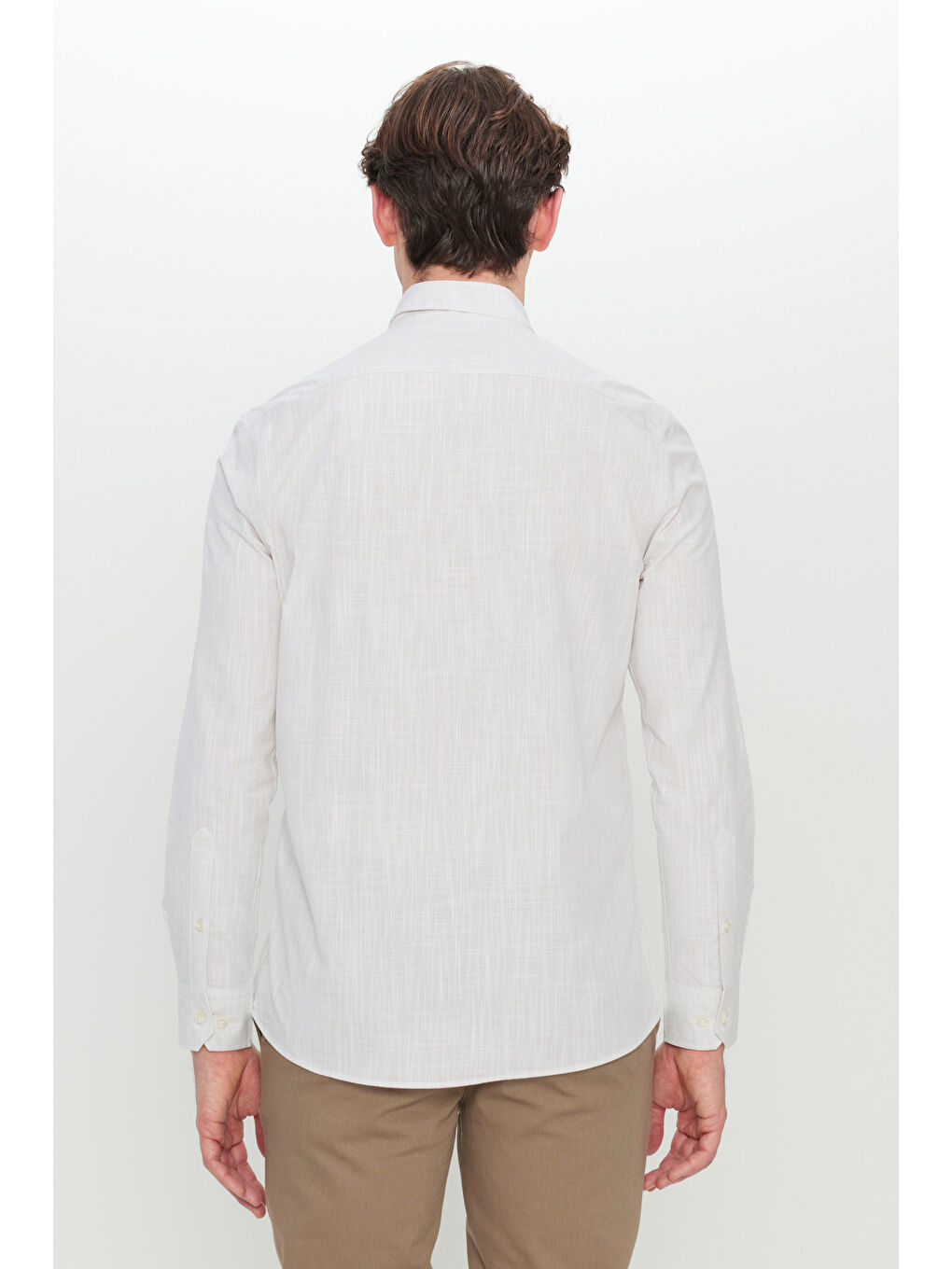 Erkek Bej %100 Pamuk Flamlı Slim Fit Dar Kesim Armürlü Düğmeli Yaka Gömlek-4