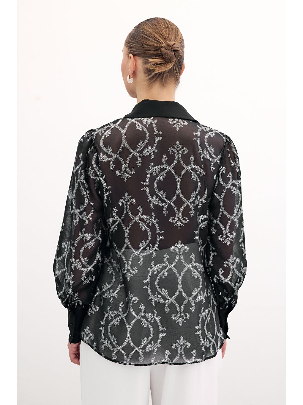 Geniş Manşetli Şifon Gömlek - Siyah-5