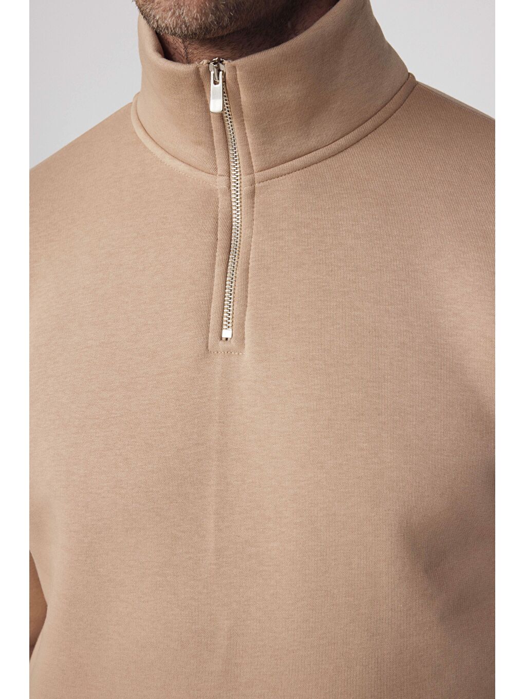 Bej Unisex Relax Fit Rahat Kesim Pamuklu İçi Polarlı Yarım Fermuarlı Taş Renk Dik Yaka Sweatshirt-3