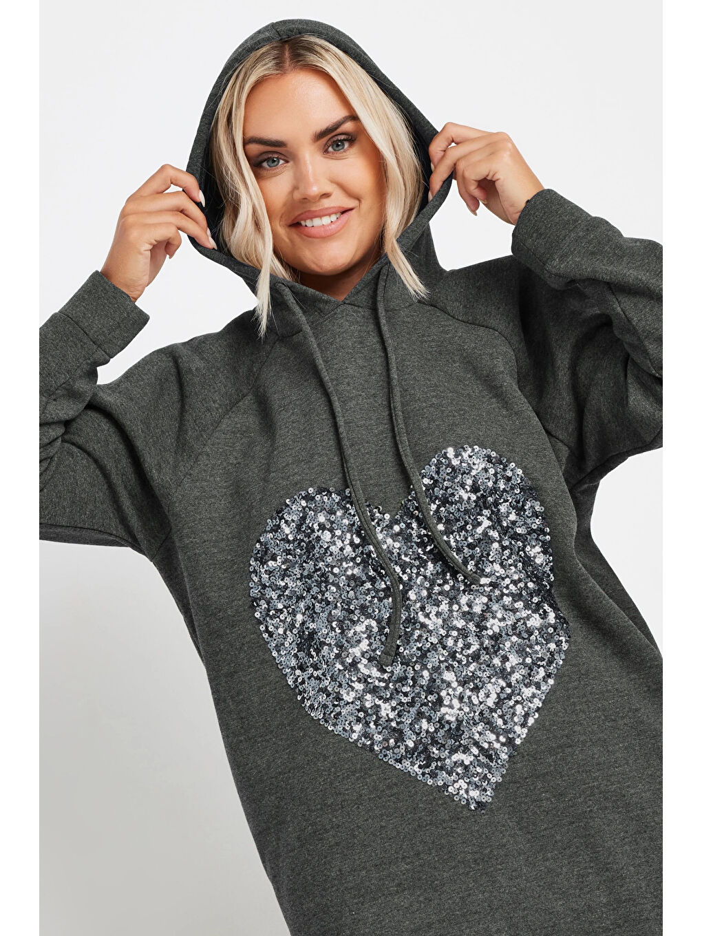 Stil Diva Gri Büyük Beden Uzun Kollu Payet Detaylı Kapüşonlu Sweatshirt 303558 - 1