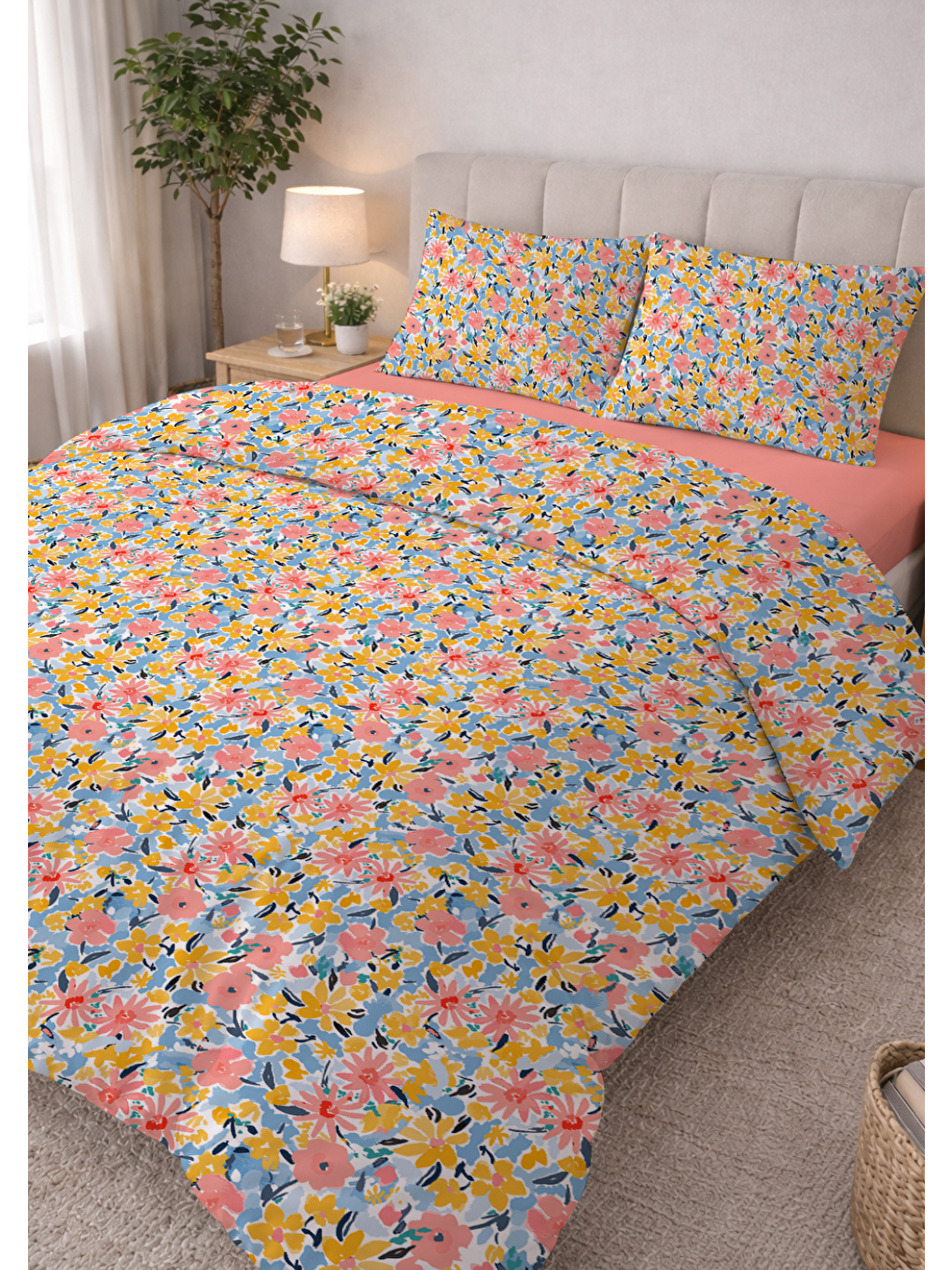 Karışık Çift Kişilik Pamuklu Nevresim Takımı - Modern Çiçek Desenli (ÇARŞAFSIZ)-1