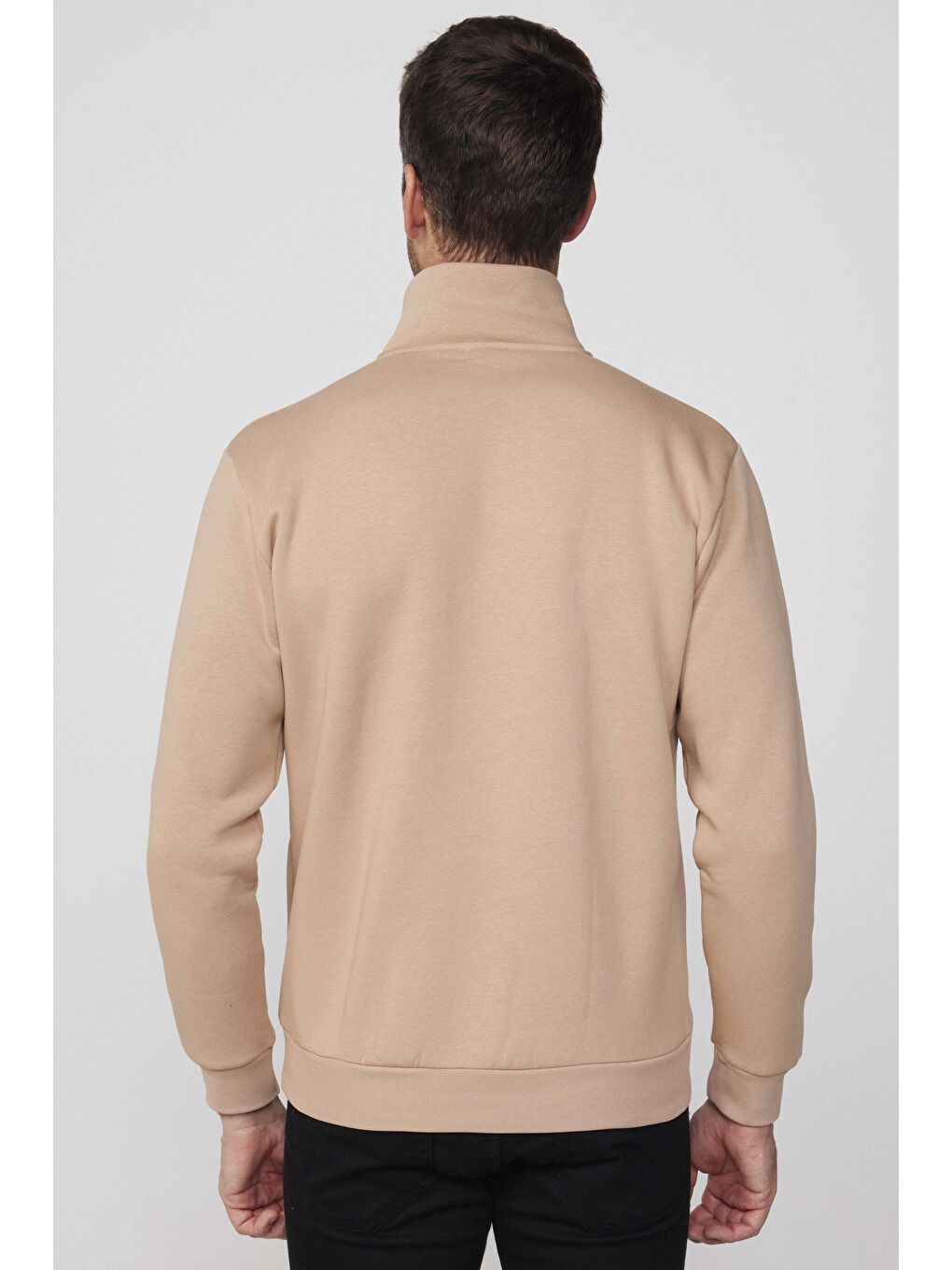 Bej Unisex Relax Fit Rahat Kesim Pamuklu İçi Polarlı Yarım Fermuarlı Taş Renk Dik Yaka Sweatshirt-4