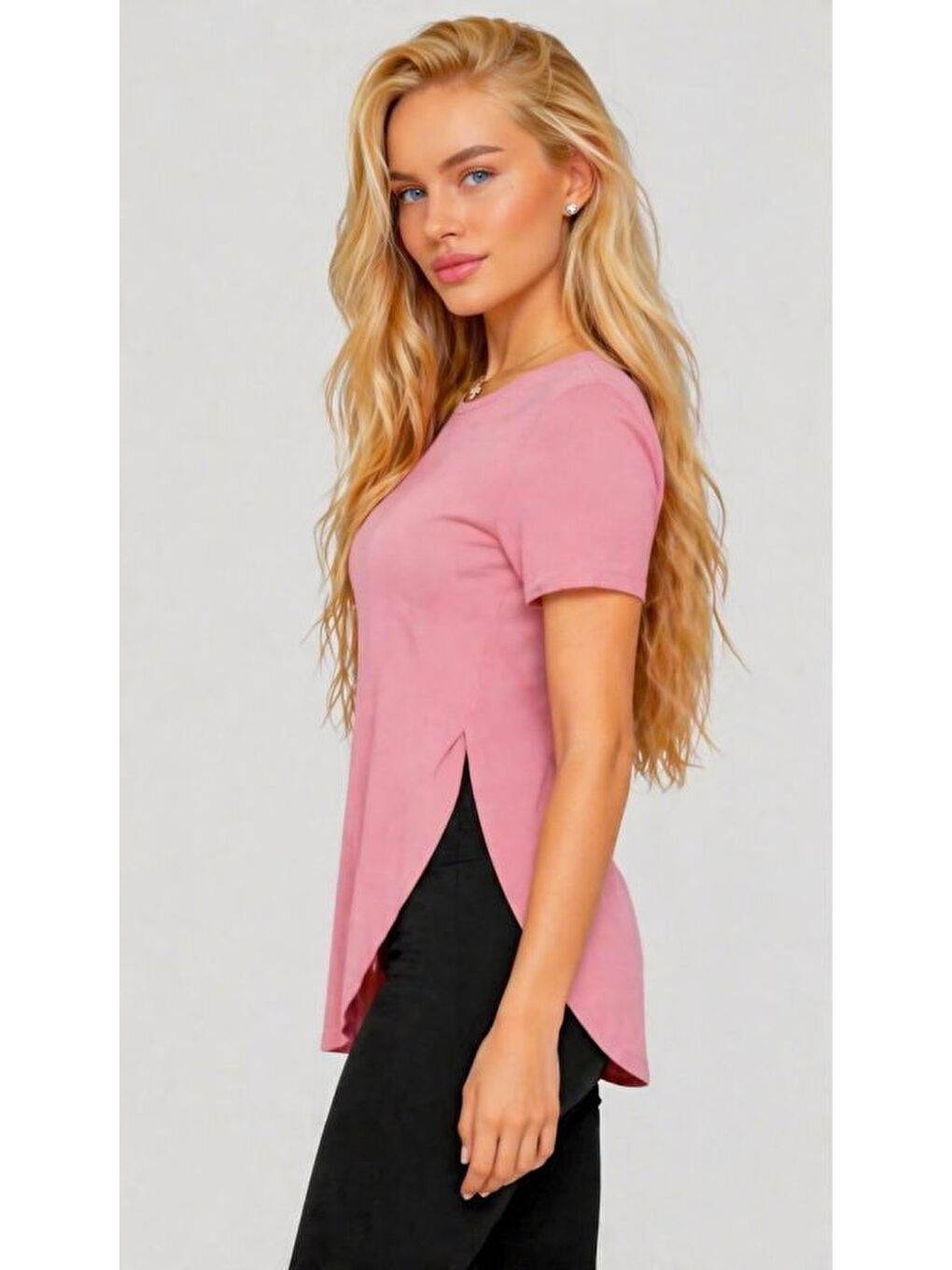 Pembe Kadın Yırtmaç Detaylı Viskon Kumaş Bluz-2
