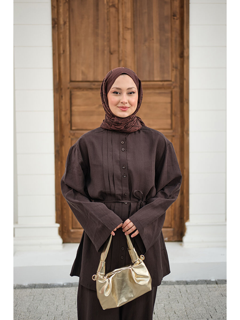 Kadın Büzgü Detay Bel Bağlamalı Takım Kahverengi-4