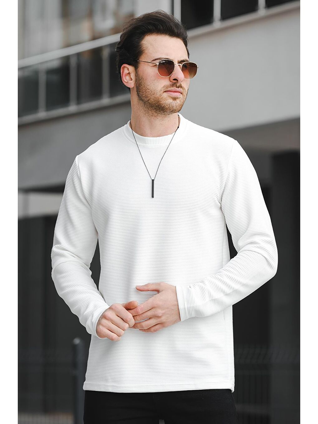 Beyaz Ft 140 Slim Fit Otoban Desen Erkek Sweatshirt