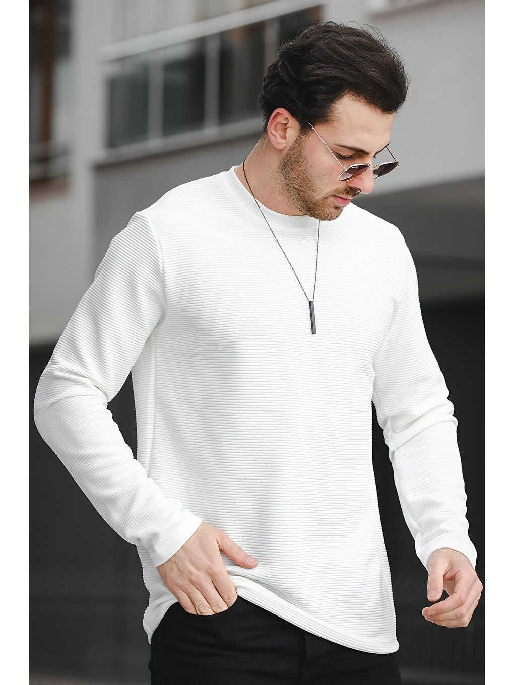 Beyaz Ft 140 Slim Fit Otoban Desen Erkek Sweatshirt-1