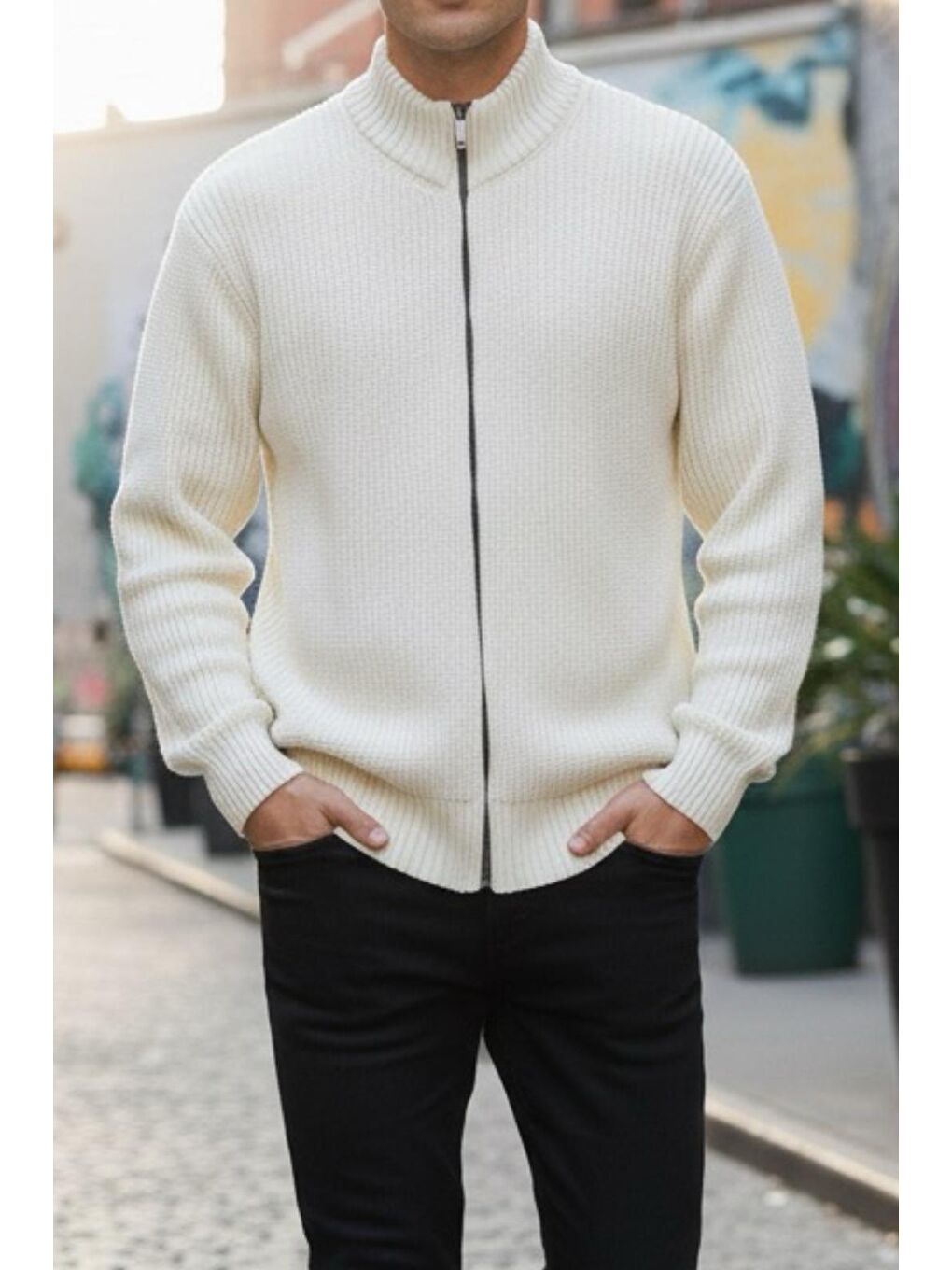 Ekru Loken Tam Fermuarlı Dik Yaka Kalın Erkek Hırka