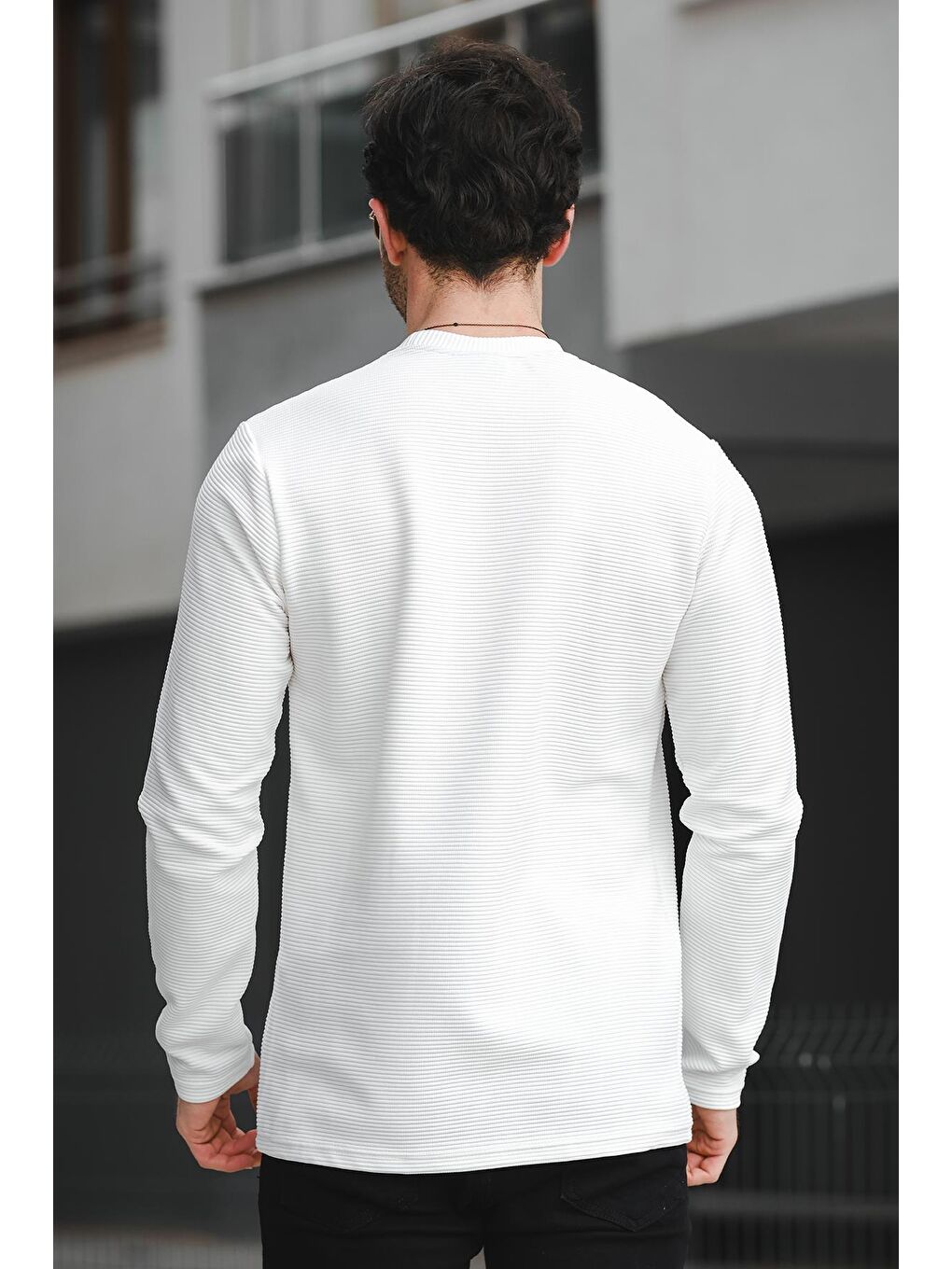 Beyaz Ft 140 Slim Fit Otoban Desen Erkek Sweatshirt-2