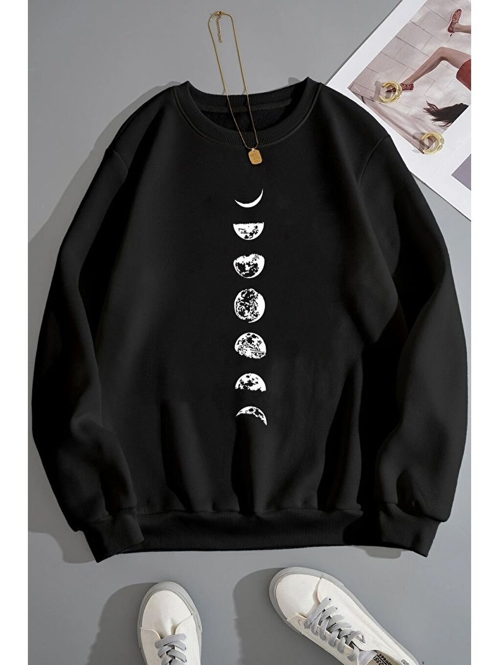 uyguntarz Siyah Unisex Moon Phases Bisiklet Yaka Sweatshirt