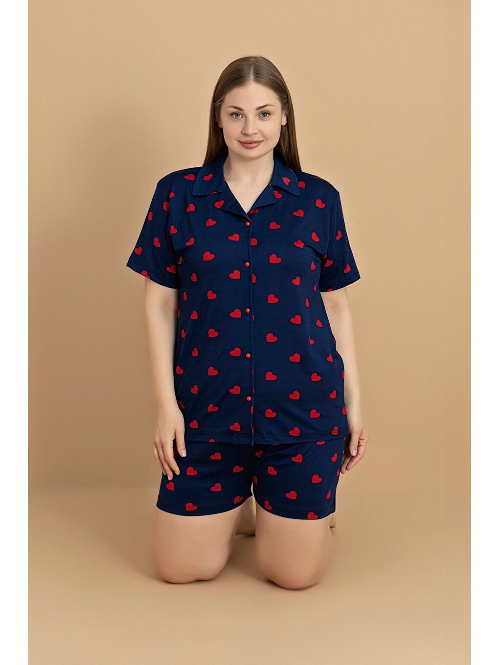 Lacivert Büyük Beden Yıldız Baskılı Gömlek Yaka Şortlu Pijama Takımı