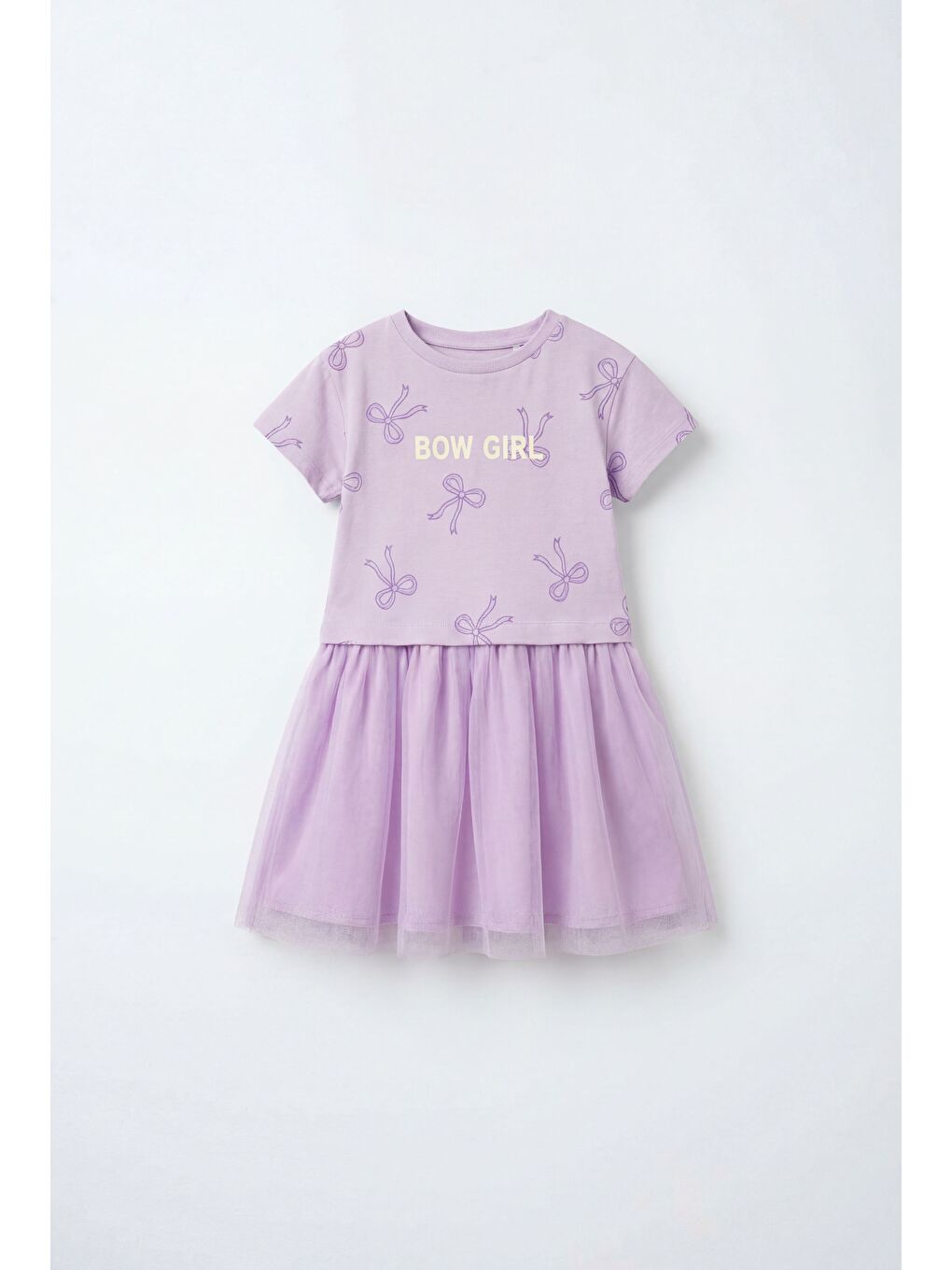 Kız Çocuk Pamuklu Lila Fiyonk Desenli Tül Elbise