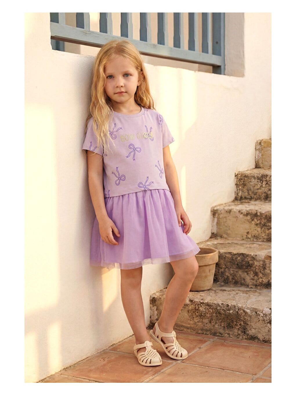 Kız Çocuk Pamuklu Lila Fiyonk Desenli Tül Elbise-1